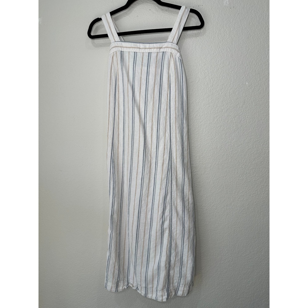 Madewell Striped Linen Blend Button Strap Midi Dress White Blue Tan Large - Picture 8 of 10